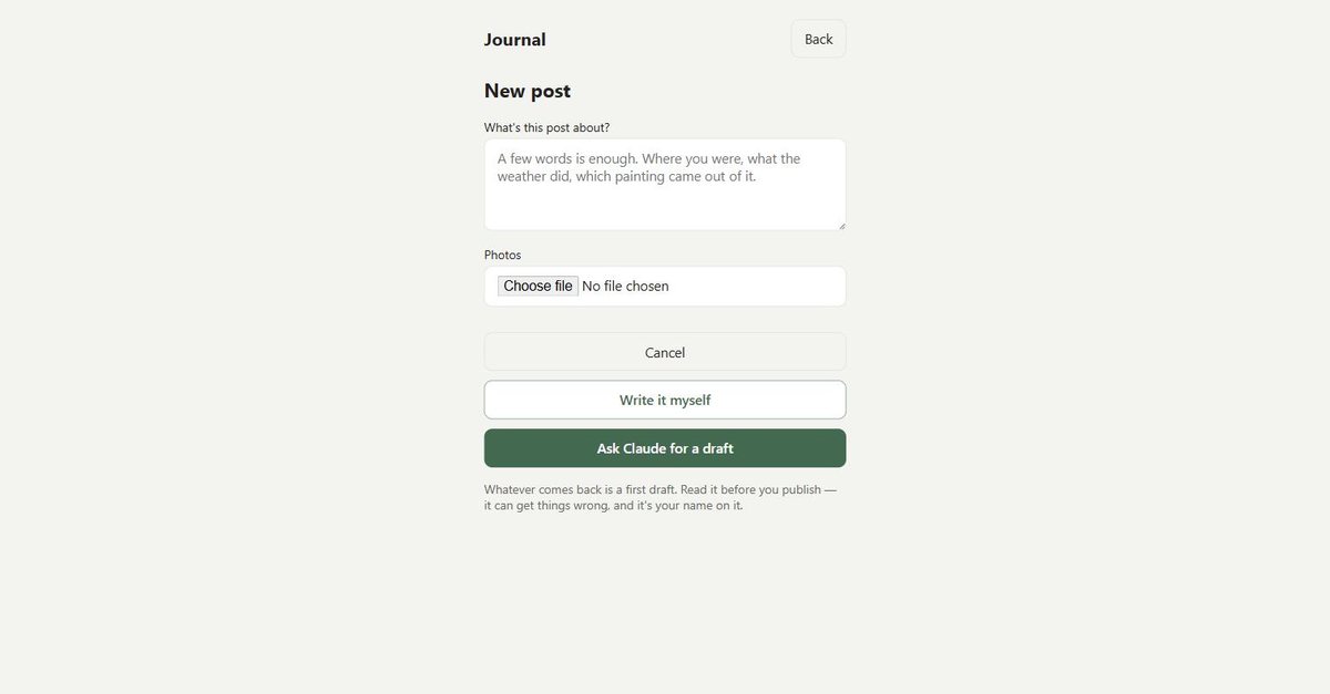 The new journal post screen: a box asking what the post is about, a photo picker, and two buttons, Write it myself and Ask Claude for a draft